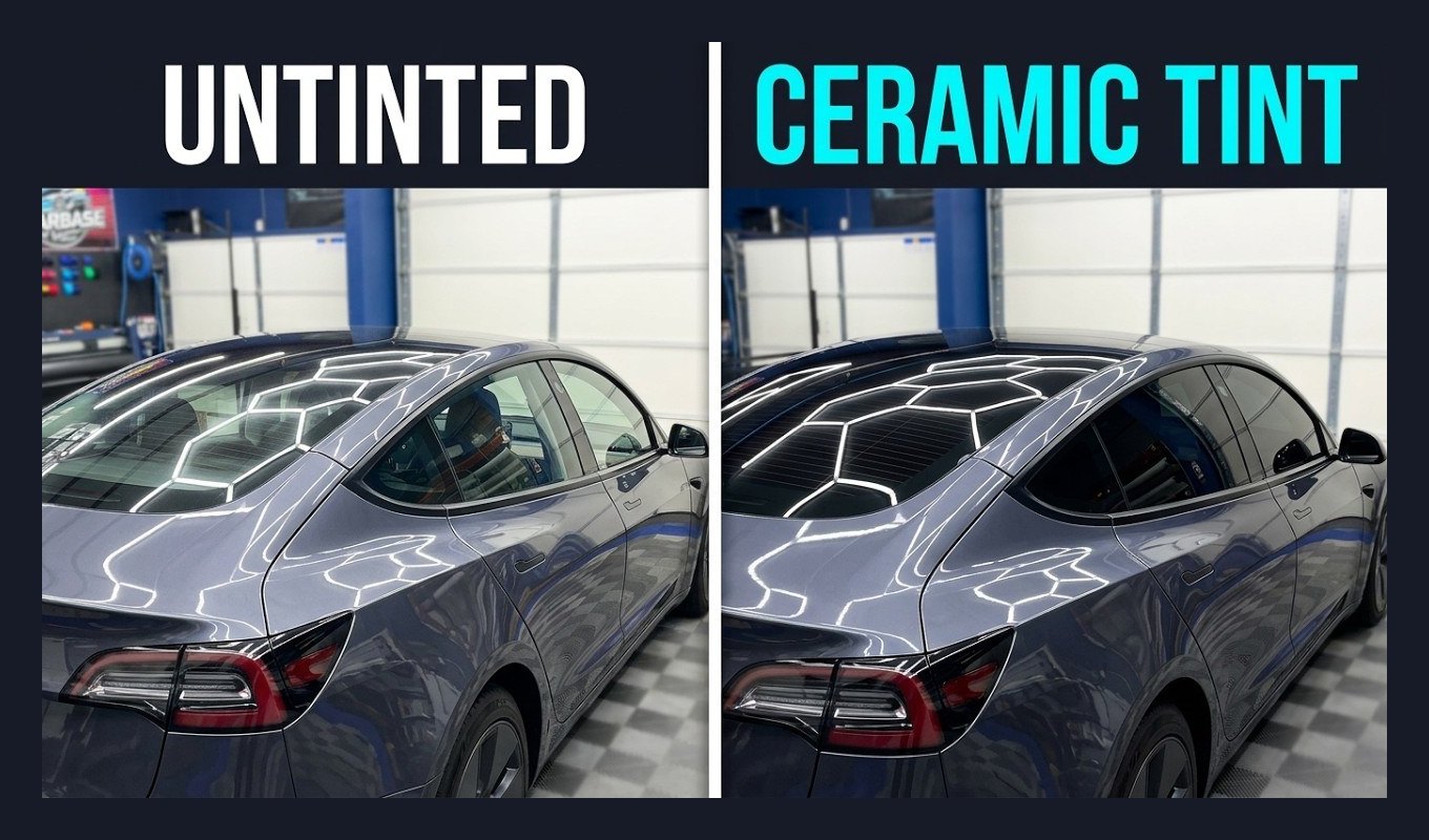 The same grey Tesla Model 3 in the Starbase shop, untinted on the left and with ceramic tint on the right: the glass goes from see-through to factory black.